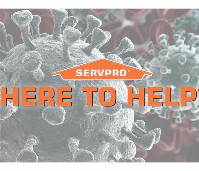 The SERVPRO Logo over top a background of the Coronavirus